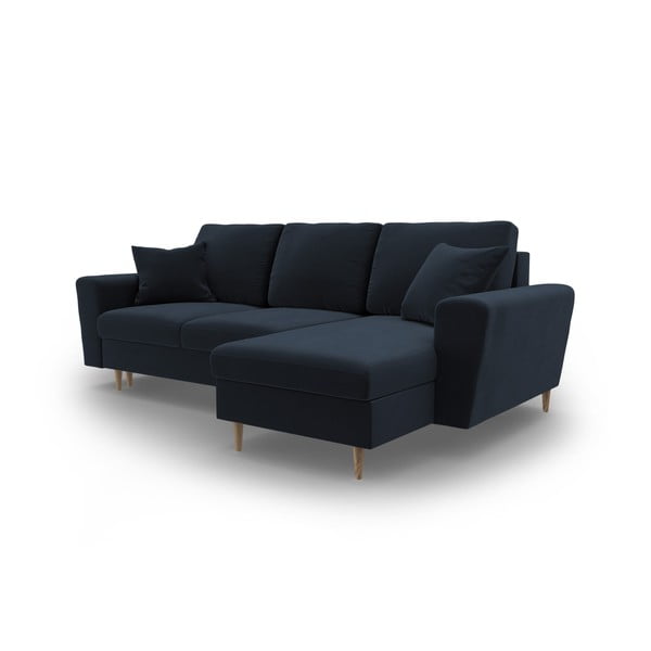 Tmavomodrá zamatová rozkladacia/s úložným priestorom rohová pohovka Kyoto – Cosmopolitan Design-image-4