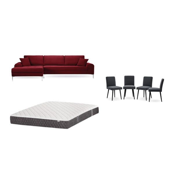 Set červenej pohovky s leňoškou vľavo, 4 antracitovosivých stoličiek a matraca 160 × 200 cm Home Essentials
