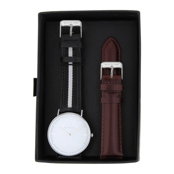 Set čiernych pánskych hodiniek s remienkami Black Oak Stripe White