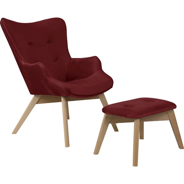 Červené zamatové kreslo s podnožkou Niko – Ropez
