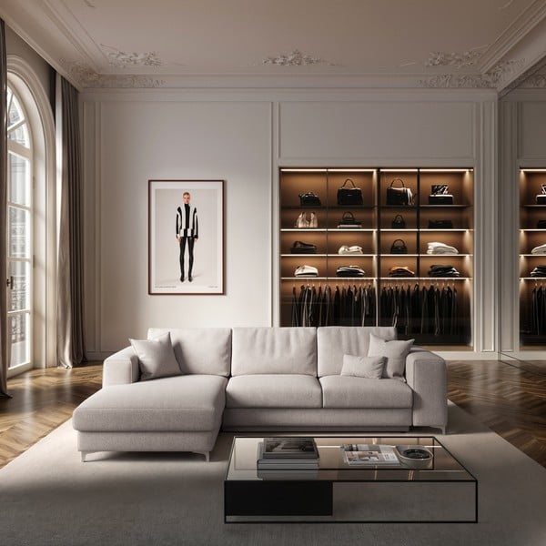 Svetlosivá rozkladacia/s úložným priestorom rohová pohovka z textílie buklé (ľavý roh/s leňoškou) Rene – Rodier-image-1