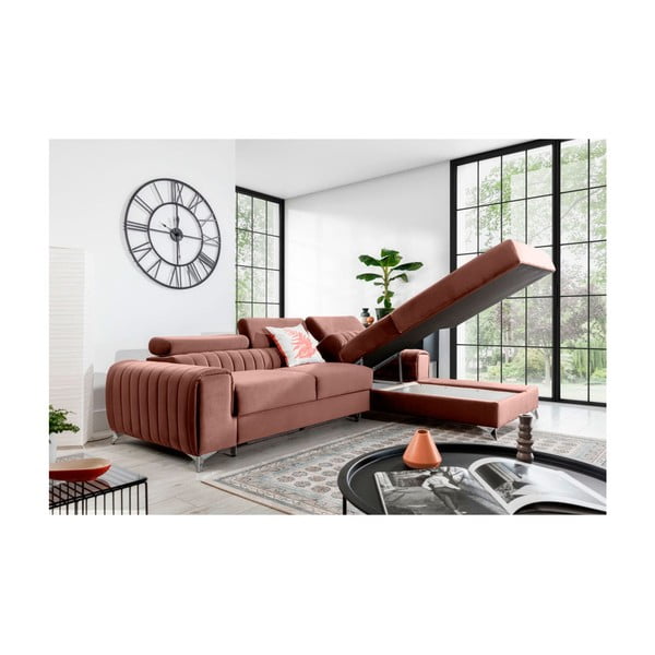 Ružová zamatová rozkladacia/s úložným priestorom rohová pohovka (pravý roh/s leňoškou) Grayson – ELTAP-image-3