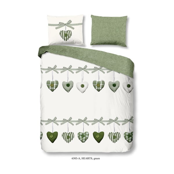 Zeleno-biele obliečky na jednolôžko z bavlny Good Morning Hearts, 140 × 200 cm