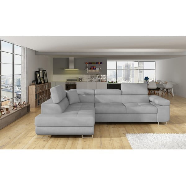 Svetlosivá zamatová rozkladacia/s úložným priestorom rohová pohovka (ľavý roh/do L) Anton – ELTAP-image-1