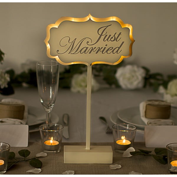 Svadobná dekorácia na stôl s LED svetielkami Just Married