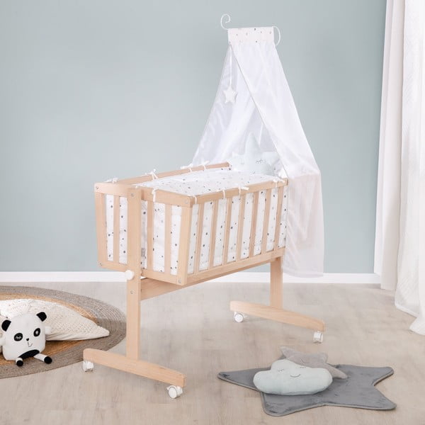 Kolíska z bukového dreva na kolieskach/s baldachýnom 40x90 cm v prírodnej farbe – Roba-image-4