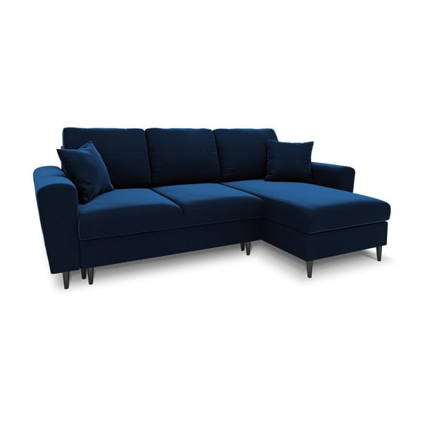 Modrá zamatová rozkladacia/s úložným priestorom rohová pohovka Kyoto – Cosmopolitan Design