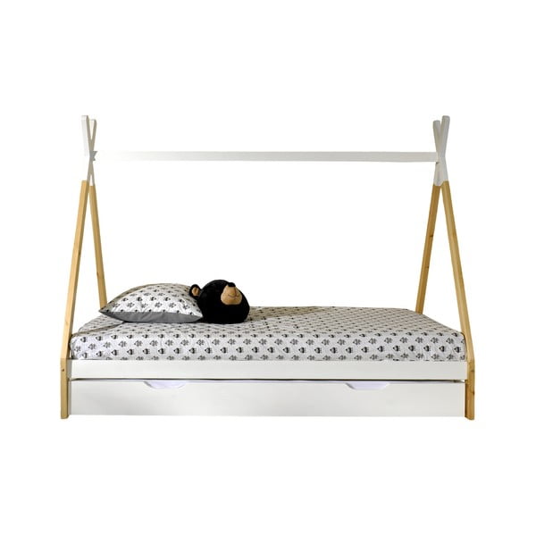 Domčeková detská posteľ z borovicového dreva s úložným priestorom v bielo-prírodnej farbe 90x200 cm TIPI – Vipack