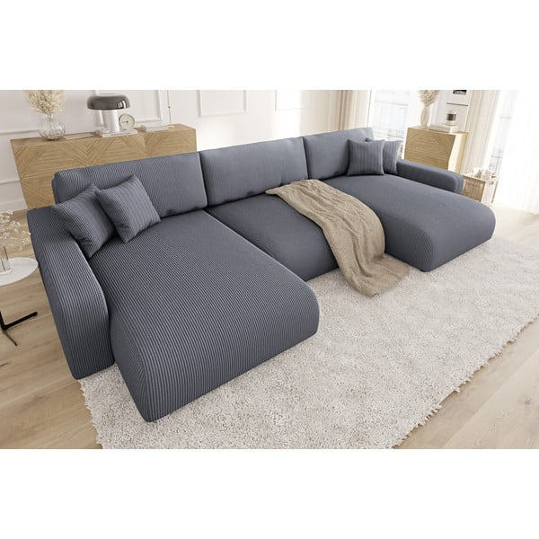 Tmavosivá menčestrová rozkladacia/s úložným priestorom rohová pohovka Sara – Ropez-image-3