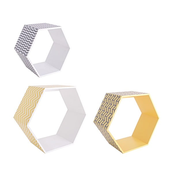 Sada 3 nástenných poličiek Hexagon