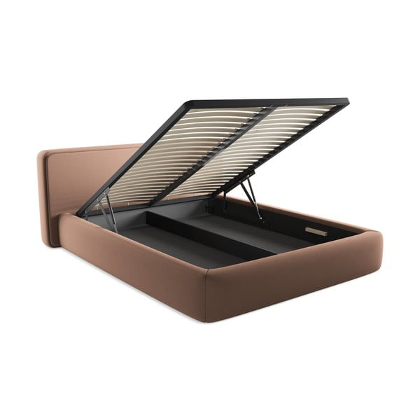 Svetloružová čalúnená dvojlôžková posteľ s úložným priestorom s roštom 160x200 cm Kiana – Makamii-image-3