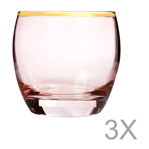 Sada 3 ružových pohárov s okrajom zlatej farby Mezzo, 200 ml