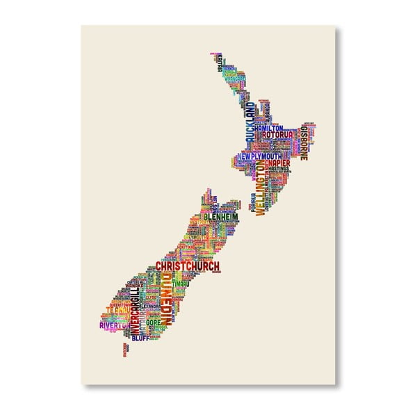 Plagát s pestrofarebnou mapou Nového Zélandu Americanflat Te ×  t, 60 x 42 cm