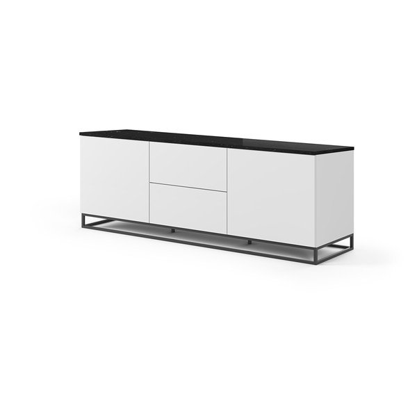 Biely TV stolík s tmavou doskou v mramorovom dekore s čiernymi nohami TemaHome Join, 180 x 65 cm-image-2