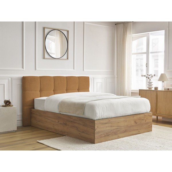 Okrovožltá čalúnená čalúnená/z drevotriesky dvojlôžková posteľ s úložným priestorom s roštom 160x200 cm Kumo – Bobochic Paris-image-2