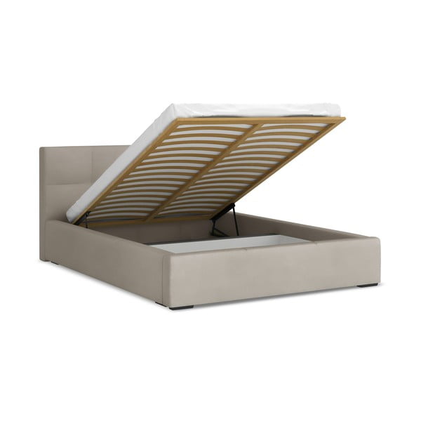 Taupe zamatová čalúnená dvojlôžková posteľ s úložným priestorom s roštom 140x200 cm Hiko – Makamii-image-1