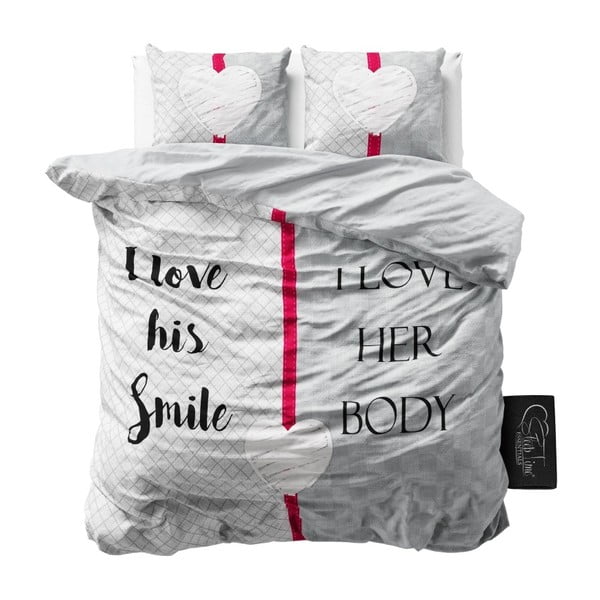 Ružovo-sivé obliečky z mikroperkálu na dvojlôžko Sleeptime What Do You Love, 160 × 200 cm