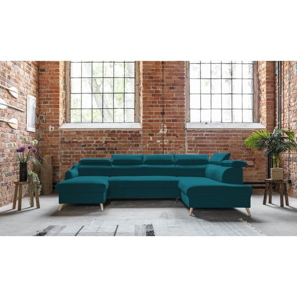 Tyrkysová zamatová rozkladacia rohová pohovka do "U" (pravý roh) Sweet Harmony – Miuform-image-1