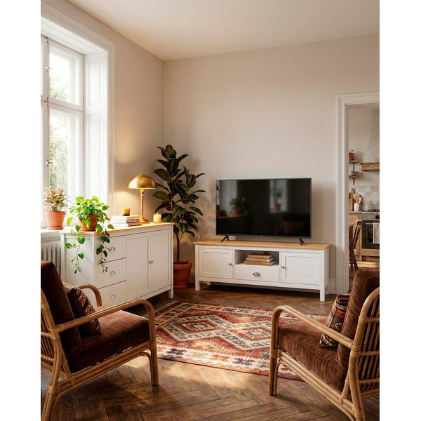 Biely/prírodný TV stolík z borovicového dreva 158x53 cm Misti – Marckeric-image-1