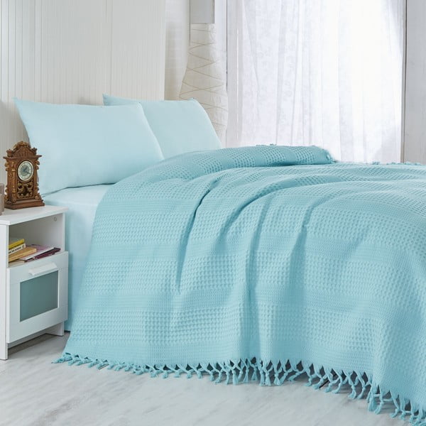 Svetlotyrkysová ľahká prikrývka cez posteľ Turquoise, 220 × 240 cm