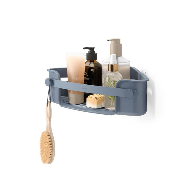 Rohová modrá kúpeľňová polička z recyklovaného plastu bez vŕtania Flex – Umbra