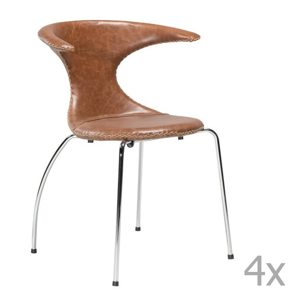 Sada 4 hnedých kožených jedálenských stoličiek s pochrómovanou podnožou DAN– FORM Flair