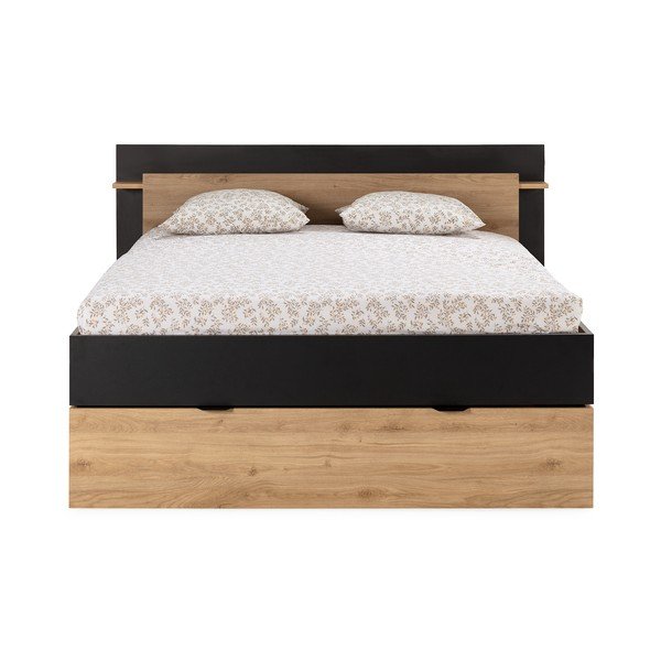 Dvojlôžková posteľ v dekore duba s úložným priestorom bez roštu v čierno-prírodnej farbe 140x190 cm Albo – Marckeric-image-4