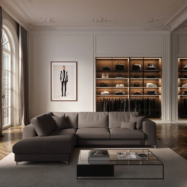 Taupe zamatová rozkladacia/s úložným priestorom rohová pohovka (ľavý roh/do L) Rene – Rodier-image-1