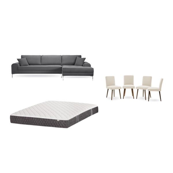 Set sivej pohovky s leňoškou vpravo, 4 krémových stoličiek a matraca 160 × 200 cm Home Essentials
