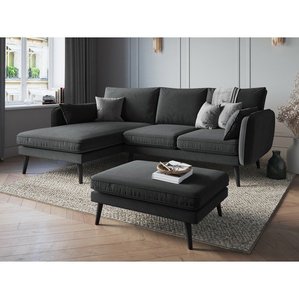 Tmavosivá zamatová rohová pohovka s čiernymi nohami Kooko Home Lento, ľavý roh-image-1