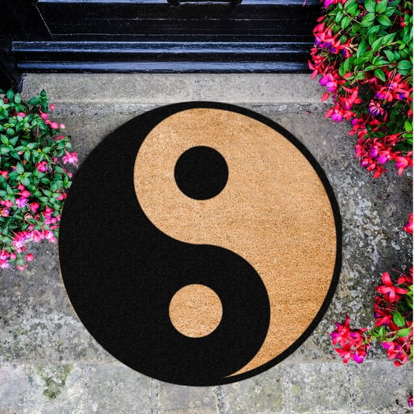 Čierna okrúhla rohožka z prírodného kokosového vlákna Artsy Doormats Yin Yang, ⌀ 70 cm-image-2