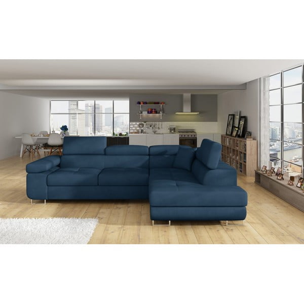 Modrá zamatová rozkladacia/s úložným priestorom rohová pohovka (pravý roh/do L) Anton – ELTAP-image-1