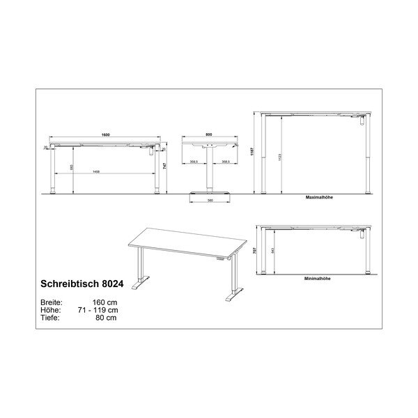 Polohovací pracovný stôl s elektricky nastaviteľnou výškou s doskou v dubovom dekore 80x160 cm Boras – Germania-image-3