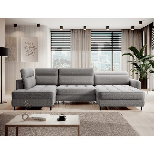 Svetlosivá zamatová rozkladacia/s úložným priestorom rohová pohovka (ľavý roh/do tvaru "U") Berrto – ELTAP-image-1