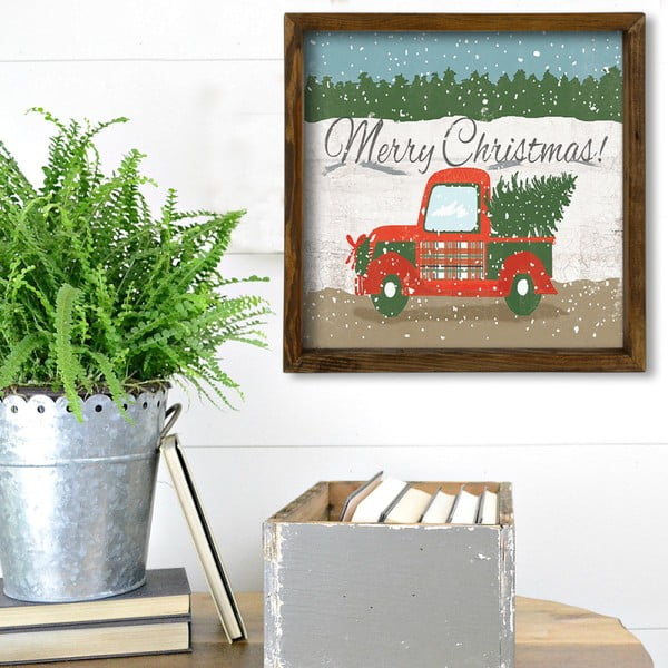 Obraz v ráme z borovicového dreva Christmas Truck, 34 x 34 cm