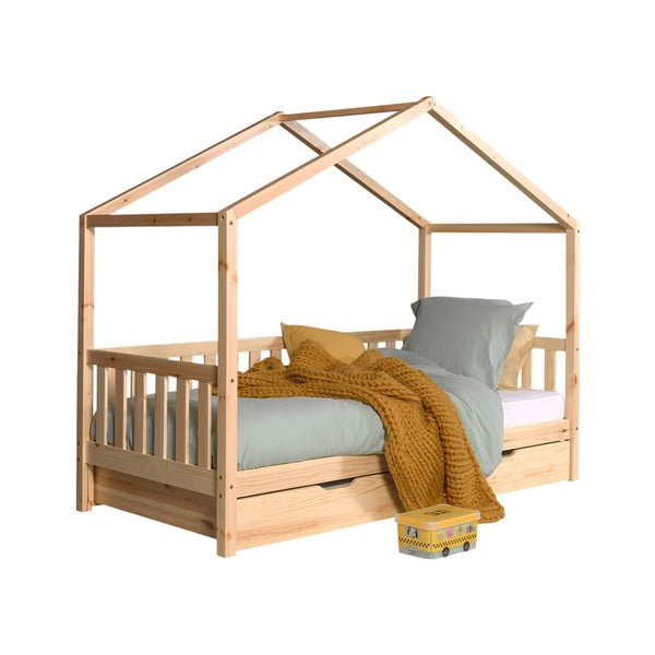 Domčeková detská posteľ z borovicového dreva s výsuvným lôžkom a úložným priestorom v prírodnej farbe 90x200 cm DALLAS – Vipack
