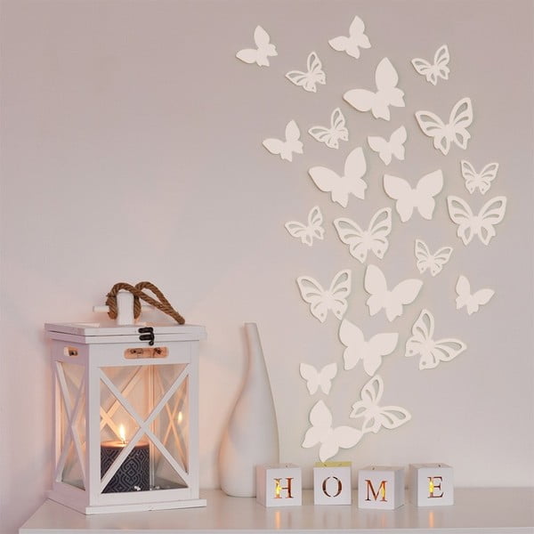 Sada 8 bielych 3D motýlikov na stenu Butterflies