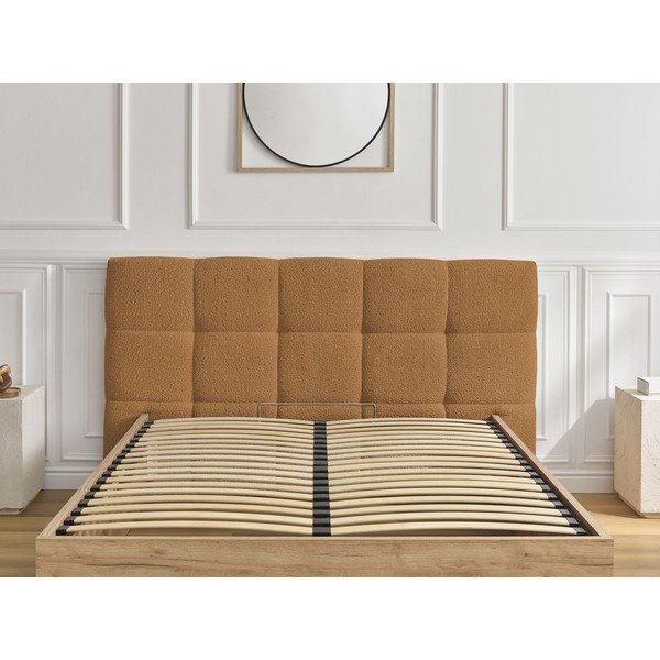 Okrovožltá čalúnená čalúnená/z drevotriesky dvojlôžková posteľ s úložným priestorom s roštom 180x200 cm Kumo – Bobochic Paris-image-4