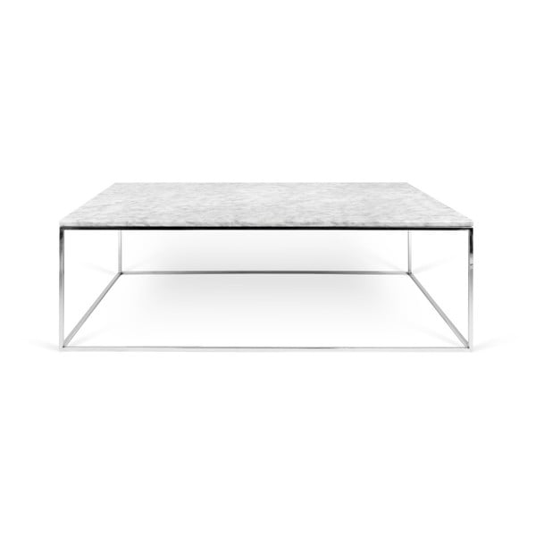 Biely mramorový konferenčný stolík s chrómovými nohami TemaHome Gleam, 75 x 120 cm