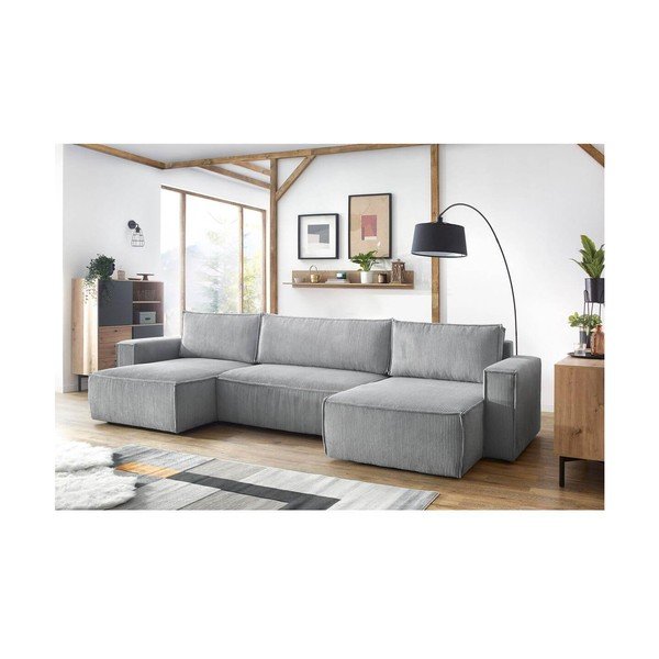 Svetlosivá menčestrová rozkladacia rohová pohovka do "U" Nihad – Bobochic Paris-image-1