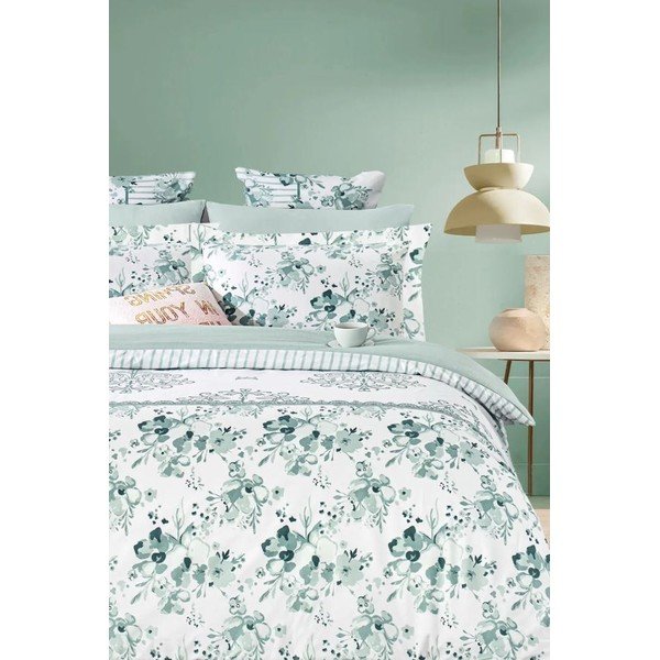 Bielo-zelené predĺžené obliečky na dvojlôžko z bavlny Renforcé s plachtou/4-dielne 200x220 cm – Mila Home-image-1