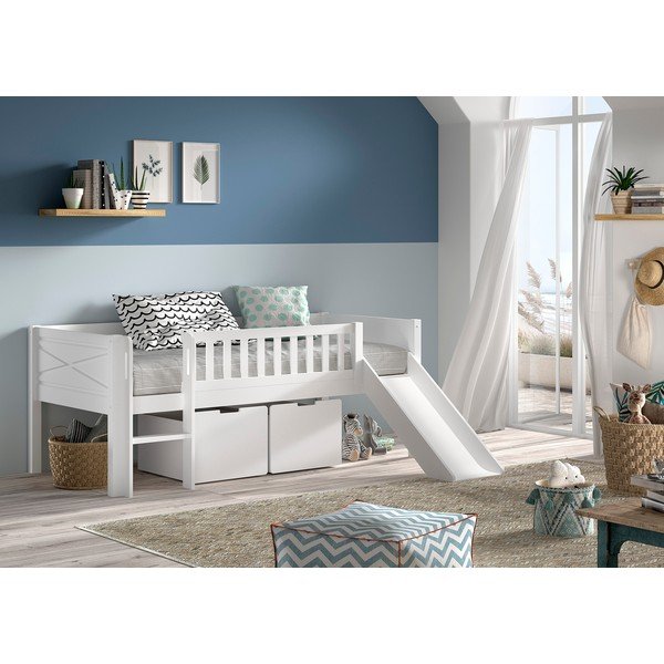 Biela vyvýšená detská posteľ z borovicového dreva s úložným priestorom s roštom 90x200 cm Scott – Vipack-image-1