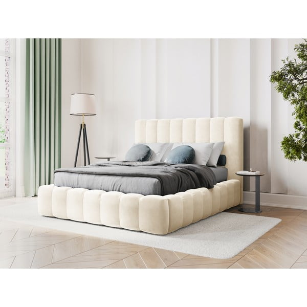 Béžová čalúnená dvojlôžková posteľ s úložným priestorom s roštom 180x200 cm Kelp - Micadoni Home-image-1