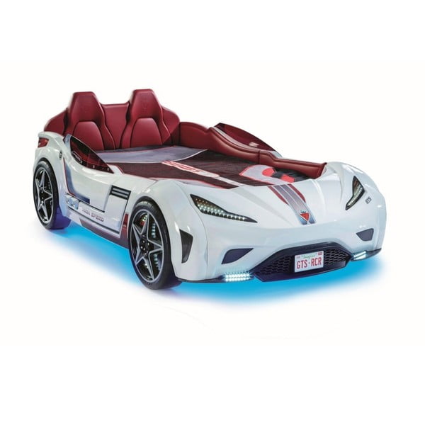 Biela detská posteľ v tvare auta s tyrkysovým osvetlením Fast GTS Carbed White