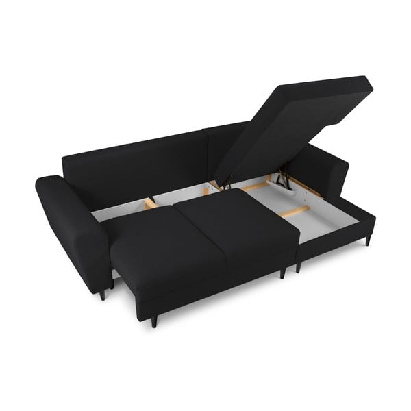 Čierna rozkladacia/s úložným priestorom rohová pohovka z textílie buklé (pravý roh/s leňoškou) Kyoto – Cosmopolitan Design-image-3