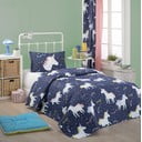 Set prehozu cez posteľ a obliečky na vankúš s prímesou bavlny Eponj Home Magic Unicorn Dark Blue, 160 x 220 cm