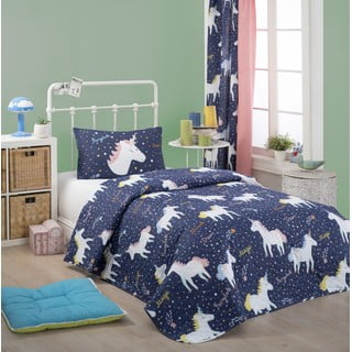 Set prehozu cez posteľ a obliečky na vankúš s prímesou bavlny Eponj Home Magic Unicorn Dark Blue, 160 x 220 cm
