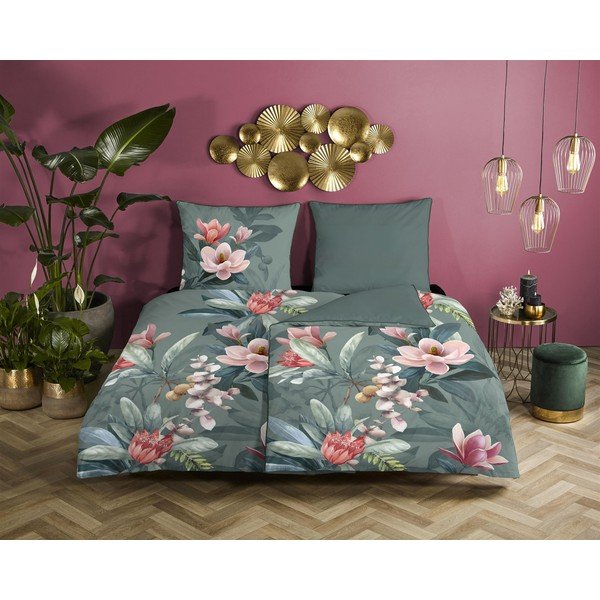 Zelené obliečky na jednolôžko z organickej bavlny Descanso Rose, 140 x 220 cm-image-1