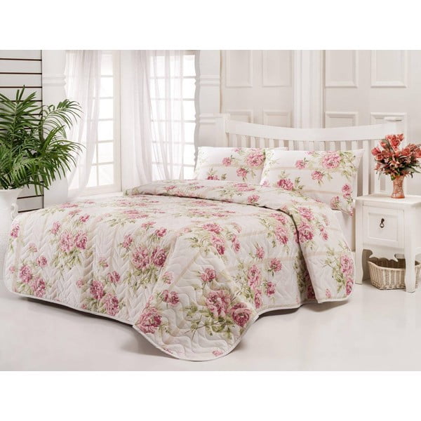 Sada prešívanej prikrývky na posteľ a dvoch vankúšov Firuze Pink, 200x220 cm