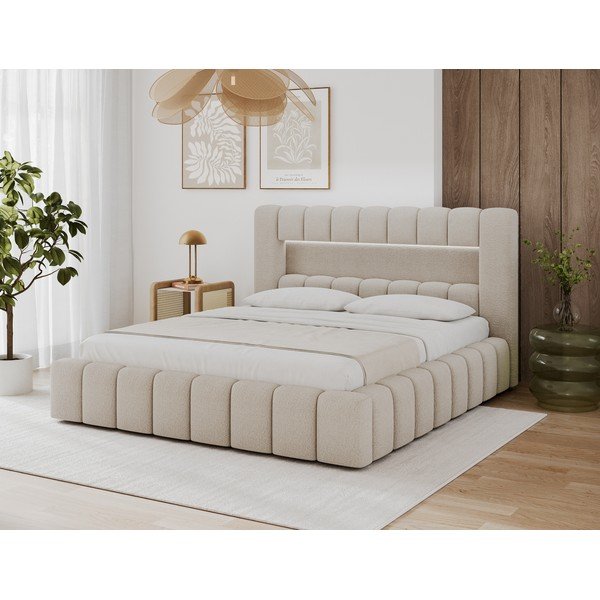 Béžová čalúnená dvojlôžková posteľ s úložným priestorom s roštom 140x200 cm Lamica – ELTAP-image-1